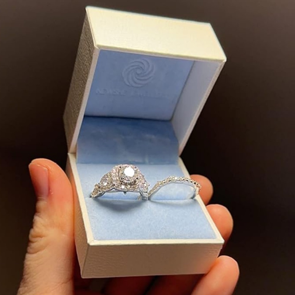Silver Diamond Halo Engagement Ring Set Wedding - Picture 11 of 14